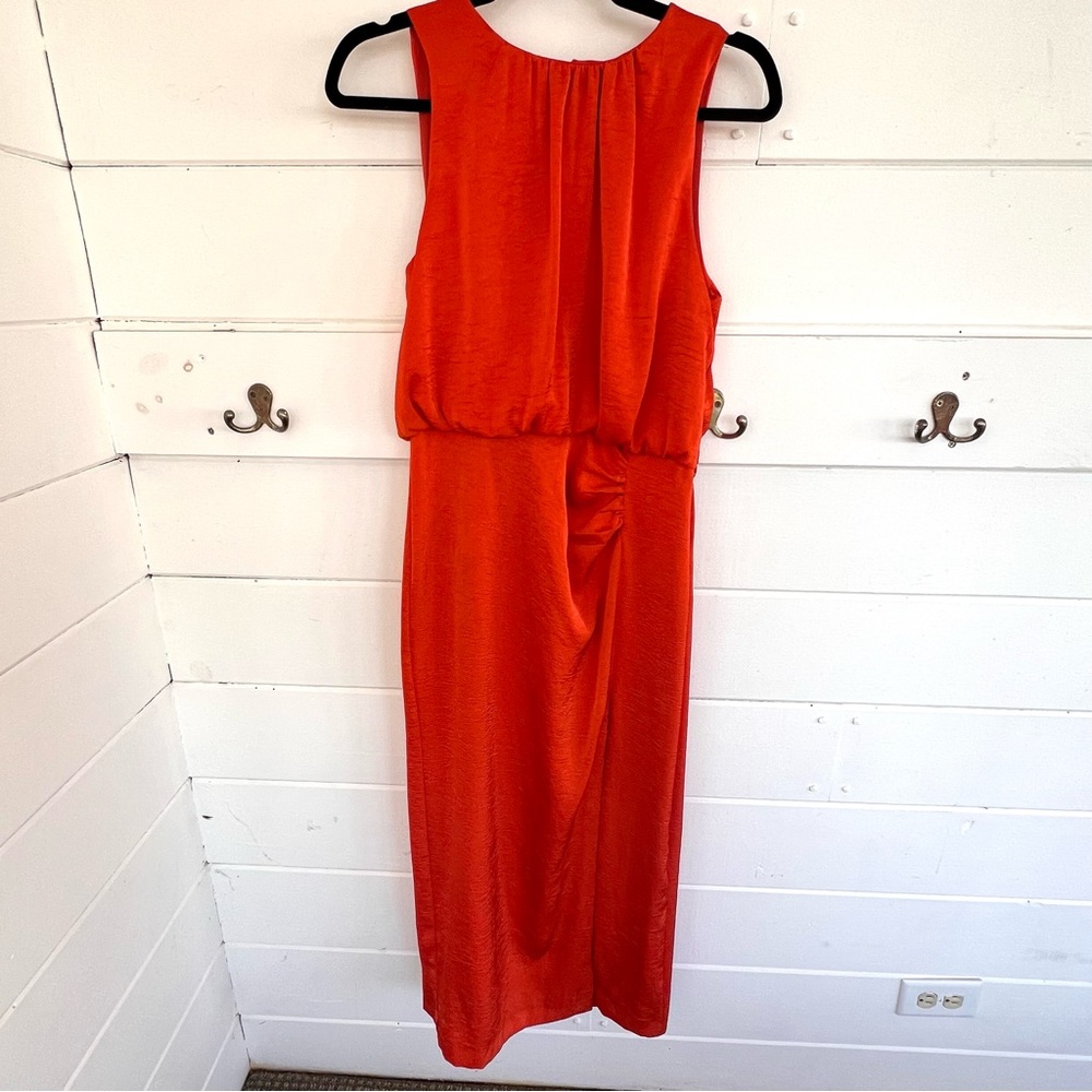 Zara sleeveless orange sleeveless midi-length satin-feel sheath dress. Size 4.